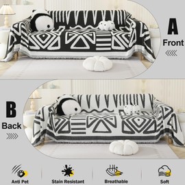 Royhom Boho Couch Cover Sofa Cover for Dogs Washable Sectional Couch Covers Sofa Slipcover with Tassel Loveseat L Shaped Covers Couch Protector for Pets, Black 91 x 150 Inch