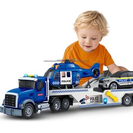 SpringFlower 21" Semi Truck Toy, 3 4 5 6 Year Old Boys Toddlers Police Truck Toy with Racing Car and Helicopter, 3 in 1 Police Car Toy, Birthday Gifts for Kids Child 3 4 5 6 Years Old