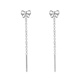 925 Sterling Silver Cute Bow Earrings Dangle for Women Bow Drop Earrings Chain Threader Earrings (Silver, One size)