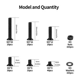 496-Piece M3 Screws Set, M3 Countersunk Screws Set, Flat Head Allen Screws Nuts Set, Machine Screws with Nuts and Washers Set, Black, Threaded Screws and Nuts Set