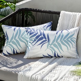 MIULEE Outdoor Cushion Covers Waterproof Polyester Throw Pillow Cover Square Decorative Pillowcase with Leaf Patterns for Garden Sofa Livingroom Bedroom Tent Park 2 Pieces 12x20 Inch Grey Blue