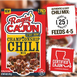 Ragin' Cajun Championship Chili Mix - Pack of 2, Gluten-Free, No MSG - Louisiana Creole Spice Blend for Beef, Pork or Turkey