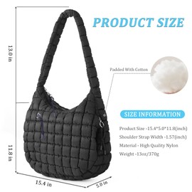 AUACDIY Large Puffer Tote Bag Quilted Crossbody Bags for Women Lightweight Padding Cotton Puffy Purse Carryall Bag Black