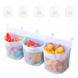 Large Bath Toy Storage Organizer,60cm Baby Bathroom Toy Storage Net with 5 Strong Suction Cup Hooks,Quick Drying Bath Toy Net,Bathroom Toy Tidy with 3 Large Opening Compartments