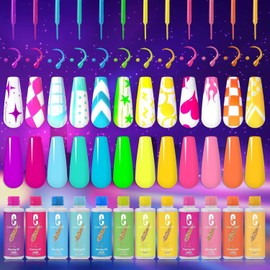 Clara Colors Gel Polish Glow In The Dark Liner Set, 12 Colors Luminous Drawing Painting, Thin Nail Art Brush for Swirl Nails Design, Soak Off UV Led