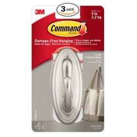 Command Traditional Large Plastic Hooks, Brushed Nickel, 3-Hook