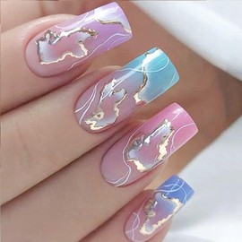 Press on Nails Medium Square Fake Nails Acrylic False Nails with Colorful Clouds Design Glossy Acrylic Nails Full Cover Glue on Nails for Women 24 Pcs