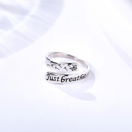 Anillo de plata de ley 925 con texto en inglés «Just Breath» con tarjeta de mensaje, joyería inspiradora ajustable para mujer