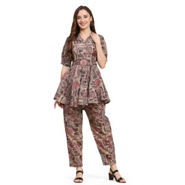 TRENDMALLS Women's Chanderi Abstract Geometric Print Kurta Pant Co-Ords Set (C11-Purple-M)