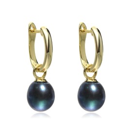 Jo & Co. Freshwater Cultured Pearl and 925 Sterling Silver Gold Plated, Lyre Shaped Hoop and Drop Earrings, 8 X 10 mm Peacock Black Pearl, Detachable Pearl, Some Variation in Colour Tone May Occur