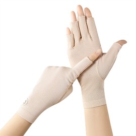 TINAYAUE Sun Protection Gloves for Women Cycling Driving Half Finger Mesh Summer Outdoor Non Slip Touchscreen Fingerless Gloves UV Nail Light Hand Protecors (Beige)