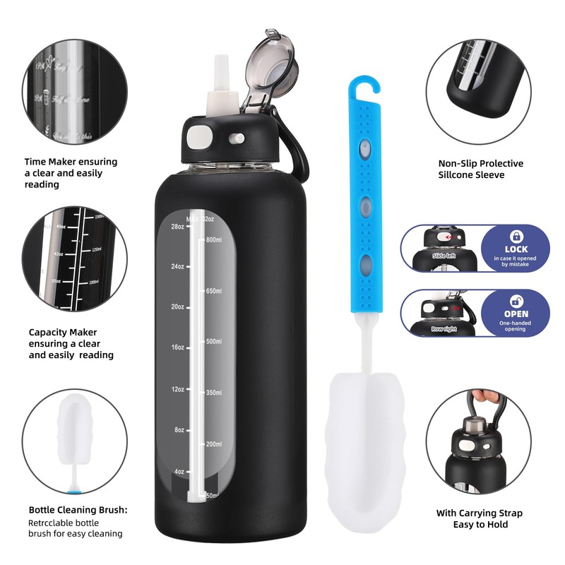 SIEROZUR 32 Glass Water Bottle with Straw and Handle Motivational