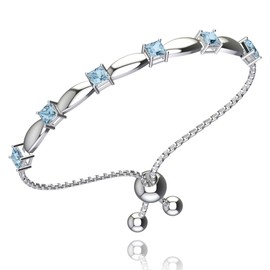 Belinda Jewelz - Birthstone Bolo Bracelet, Birthstone Bracelet with 6 Square-Cut Stones, 925 Sterling Silver Birthstone Bracelets for Women, Stackable Sky Blue Topaz Bracelet with Bolo Closure, 11”