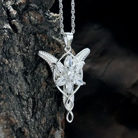 bahamut 925 Sterling Silver LOTR Arwen Evenstar Pendant Necklace with 5A Cubic Zirconia, Princess of the Elves Jewelry for Women (Silver Medium)