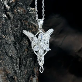 bahamut 925 Sterling Silver LOTR Arwen Evenstar Pendant Necklace with 5A Cubic Zirconia, Princess of the Elves Jewelry for Women (Silver Medium)