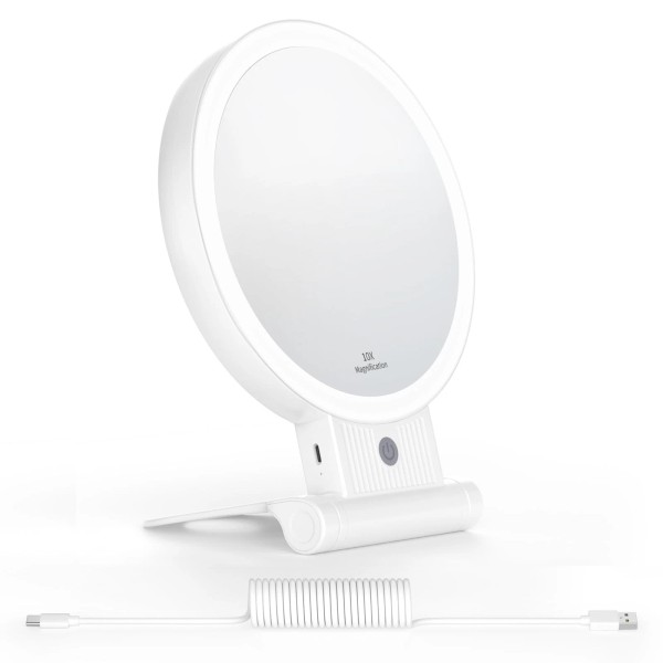 WOBSION 1x/10x Lighted Magnifying Makeup Mirror, Rechargeable Folding Vanity ...