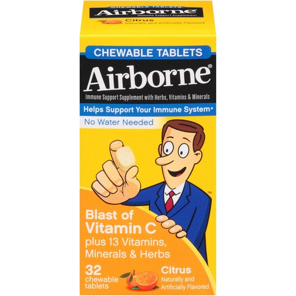 Airborne Immune Support Supplement Vitamin C Chewable Tablets, Citrus 32 ea (Pack of 4)
