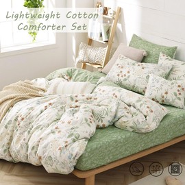 ALEISSEL Natural Cotton 3pcs Botanical Comforter Sets King Size-Green Comforter with Red & Blue Flowers,Gray Leaves on Off-White, Reversible Lightweight Bedding Sets(King 104"×90")