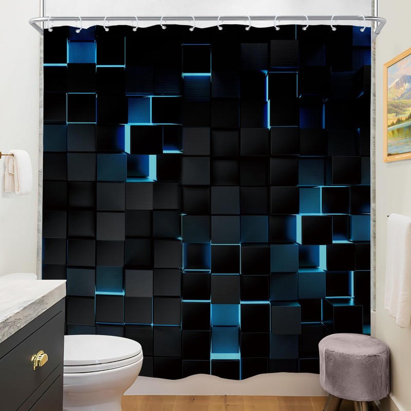 Riyidecor Blue Black Shower Curtain 72Wx72H Inch Abstract Navy Brick