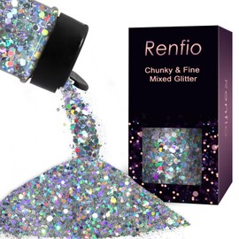 Renfio Holographic Glitter, 2.11oz/60g Medium Size Chunky Glitter Mix Ultra Fine Glitter for Crafts Silver Glitter Sequins Resin Glitters PET Flakes for Nail Art Tumblers Slime - Diamond Laser Silver