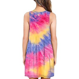 BEUFRI Tie Dye Red Yellow Dresses for Women Summer Beach Sleeveless Sundress Pockets Swing Casual Loose Tshirt Dress Multicolor L