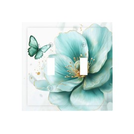 Yamxbfa Decorative Light Switch Cover Plate Watercolor Big Blue Flower Floral Teal Green Butterfly 2 Gang Wall Plate Oversized Double Toggle Two Switch Wall Cover Plate Device Electrical Face Plate