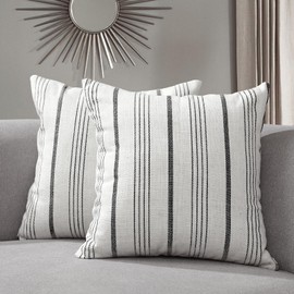 Sunlit Decorative Farmhouse Throw Pillow Case, Set of 2 Cream/Off-White with Black Stripes Modern Accent Square Pillow Cover, 16" x 16", Textured Linen Throw Cushion Covers for Couch Chair Bedroom