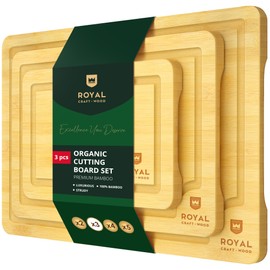 ROYAL CRAFT WOOD Cutting Boards for Kitchen - Bamboo Cutting Board Set of 3, Cutting Boards with Juice Grooves, Serving Board Set, Thick Chopping Board for Meat, Veggies, Easy Grip Handle