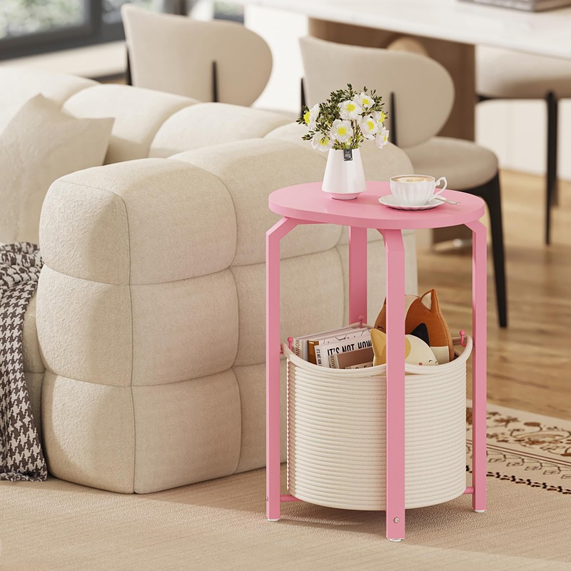 TUTOTAK Oval End Table with Woven Storage Basket, Pink Small