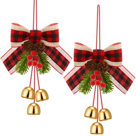 Daifunli 2 Pcs Christmas Bow with Pine Cones an Bell, Decorative Christmas Wreath Bows Xmas Tree Ornament with Bell Decor, Tree Toppers Bows for Kitchen Cabinet Party Decoration(Red Black)