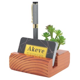 Akeve Wooden Business Card Holder, Office Desk,Succulent Plant Decorated Wooden Business Card Holder Suitable for Both Men Women's Offices, Salons. (Brown)
