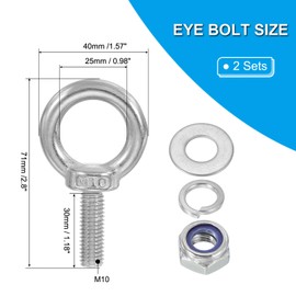 PATIKIL M10 x 30mm Eye Bolt with Nut, 2 Pack 304 Stainless Steel Lifting Shoulder Eyebolt Lift Thread Screws for Hanging, Silver