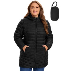 SLOW DOWN Womens Plus Size Lightweight Puffer Jacket, Womens Packable Winter Jacket, Womens Puffy Jacket with Detachable Hood (Black,5X)