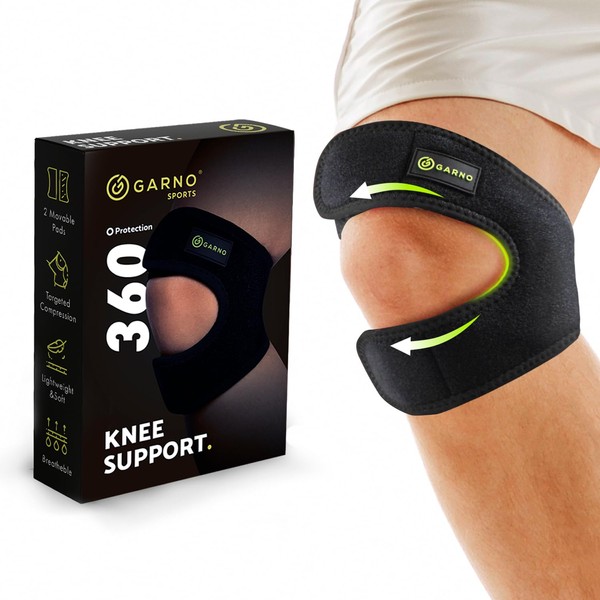 GARNO Knee Brace for Pain Relief by Meniscus Tear, MCL, Arthritis, ACL, Osgood Schlatter, Compression Patellar Tendon Support Strap for Working Out, Running, Weightlifting; Men, Women; (Large Size)