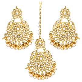 Aheli Indian Wedding Wear Kundan Pearl Maang Tikka with Earring Set Bollywood Party Traditional Jewelry Gift for Women