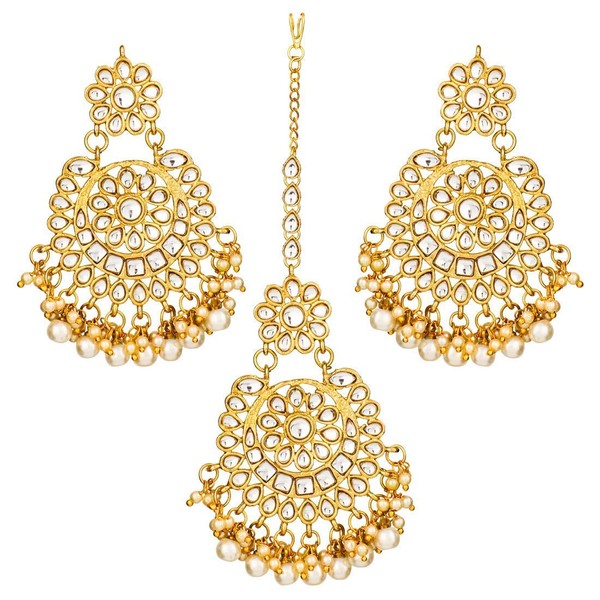 Aheli Indian Wedding Wear Kundan Pearl Maang Tikka with Earring