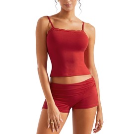 SUUKSESS Women 2 Piece Lounge Sets Shorts Pajama Set SLeeveless Lace Trim Tank Top Crop Cami Outfits (Red,S)