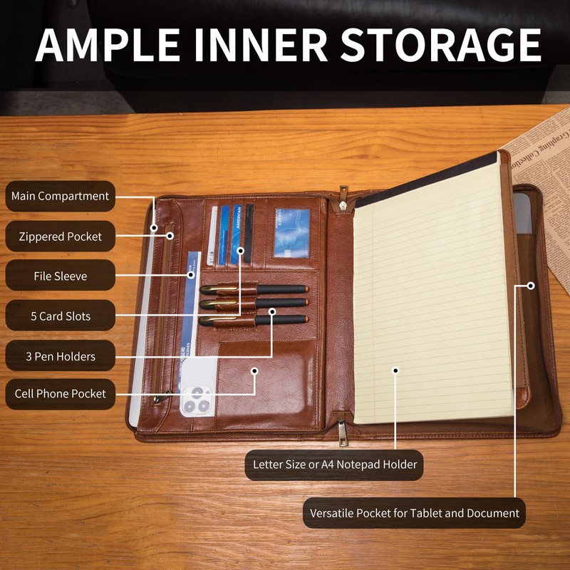 Geslun Genuine Leather Portfolio with Hidden Handle, Front Pocket, Business