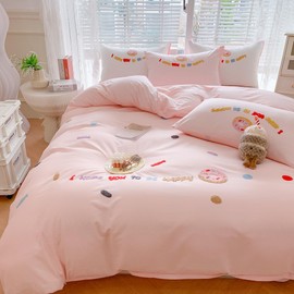 MorroMorn Twin Duvet Cover Cotton, 3D Embroidery Twin Bedding Sets Pink Bed Set All Seasons, Cute Chenille Embroidered Comforter Covers for Girls Kids Teen Preppy Dorm (Donut Pink, Twin/Twin XL)
