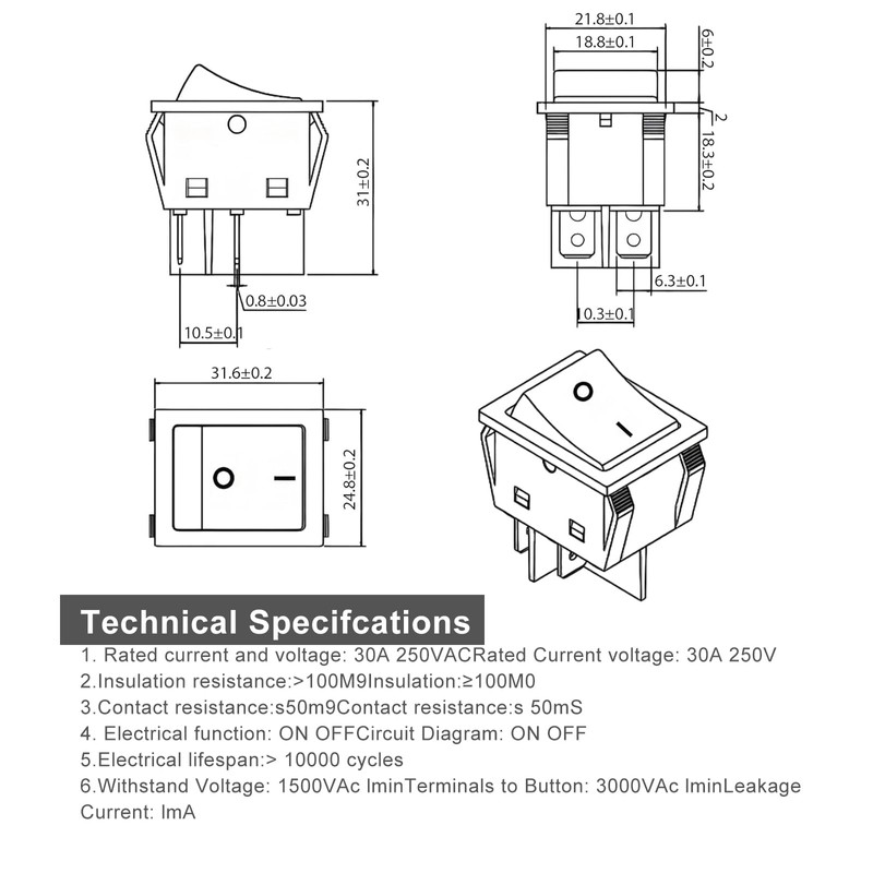 30A 250V AC DPST 4 Pin Boat Toggle Switch, 4Pack
