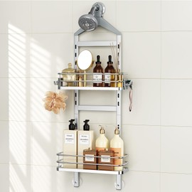 Orimade Aluminum Hanging Shower Caddy Over Head, Adjustable Bathroom Shelf with Hooks, Anti-Slip Rustproof Organizer Storage Rack Basket, Silver, 2 Tier