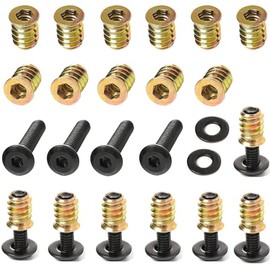 30-Set 1/4-20 Threaded Insert and Bolt for Wood, Furniture Screw Nut 3/5" with Black Oxide Flat Head Bolts 1" and Washers