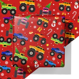 Cuitpan Red Monster Truck Christmas Wrapping Paper - Xmas Gift Wrap with Holiday Trees, Snowmen & Gingerbread Men Design - Ideal for Kids & Adults Gift Wrapping - 40×28 Inches, 4 Folded Sheets