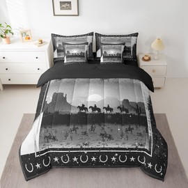 Feelyou Grey Western Bed in a Bag Twin Size Wild Western Cowboy Comforter Set 7 Pieces Horse Setting Sun Glitter Bedding Set Horseshoes West Texas Star Bed Set with Comforter, Sheet Set, Pillowcases