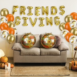 Friendsgiving Party Decorations, Friendsgiving Balloons Garland Kit includes Gold "FRIENDS GIVING" Foil Banner, 14 Balloons, 10 Photo Props and 1 Gold Fringe Curtain, 38 Pcs Thanksgiving Fall Decor