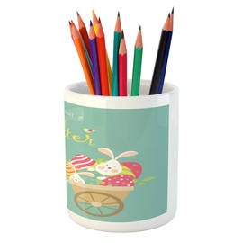 Ambesonne Easter Pencil Pen Holder, Smiling Bunny with a Cart Full of Colorful Eggs and Rabbits Spring Holiday, Ceramic Pencil Holder for Desk Office Accessory, 3.6" X 3.2", Multicolor