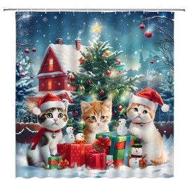 YSATNSFT Christmas Cat Shower Curtain Cute Kitten Pine Tree Snowflake Merry Christmas Winter Holiday Fabric Bathroom Decor Set with Hooks,(70" WX70 H)