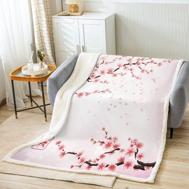 Homemissing Cherry Blossoms Fleece Throw Blanket Girly Pale Pink Blossom Petal Sherpa Blanket for Kids Girls Women Watercolor Floral Fuzzy Blanket for Sofa Bed Japanese Style,Single 50x60 Inch