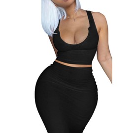 PYAEAS 2 Piece Outfit Maxi Dress for Women, Summer Deep U Neck Sleeveless Tank Crop Tops Long Skirt Set Party Bodycon Dresses(Black,XXL)