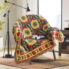Red Sunflower Throw Blanket with Fringe Boho Throw Blankets Recliner Chair Couch Sofa Cover Woven Reversible Cotton Bohemian Tapestry Hippie Room Home Decor Double Side Red Yellow (71x51)